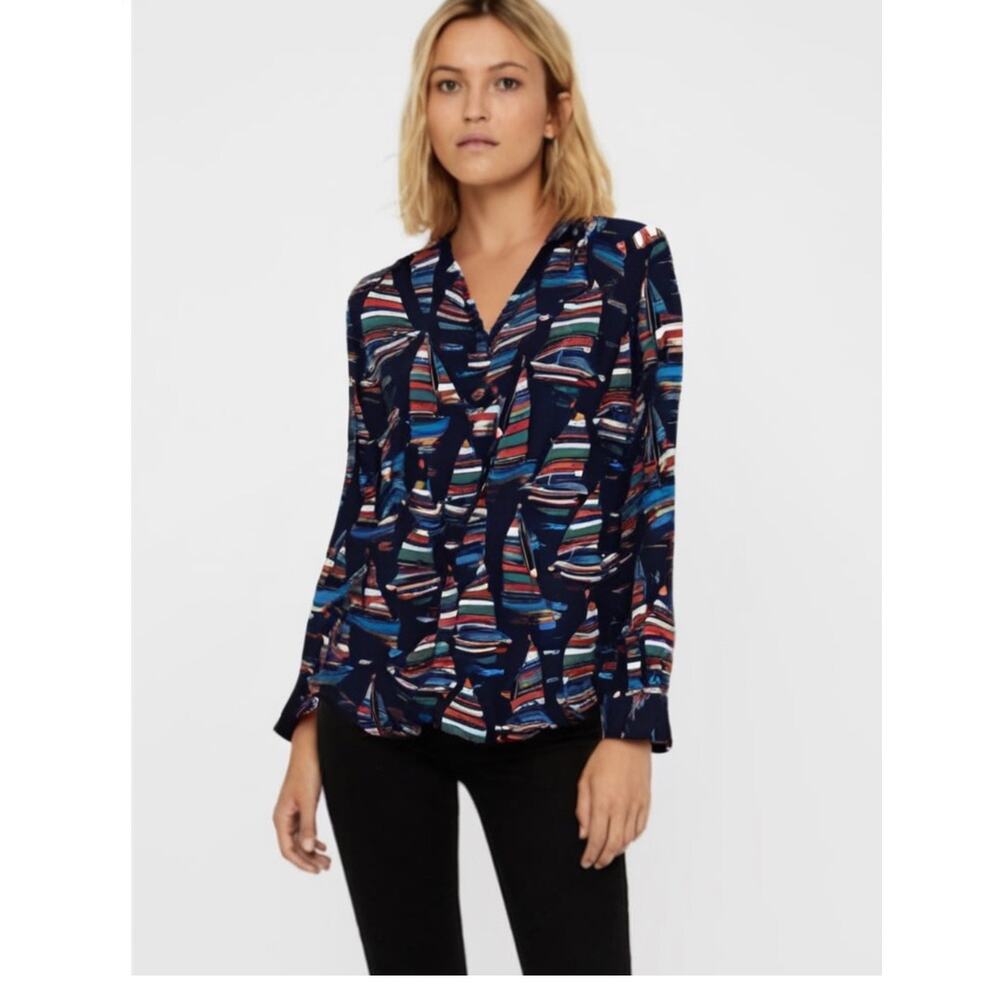 Soft Surroundings Women Sail-away Blouse Sz. Lrg  Blue Button up Boat Print top